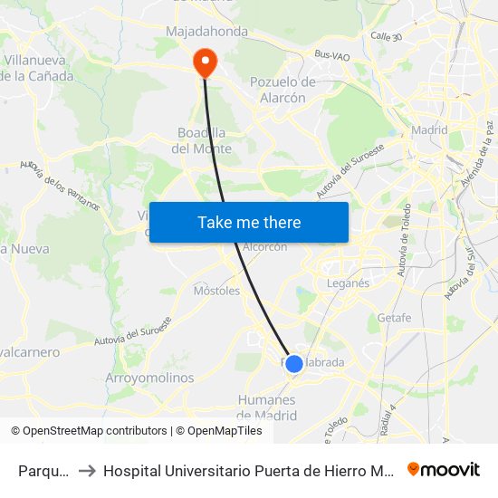 Parque Europa to Hospital Universitario Puerta de Hierro Majadahonda (Hosp. Unv. Puerta de Hierro) map