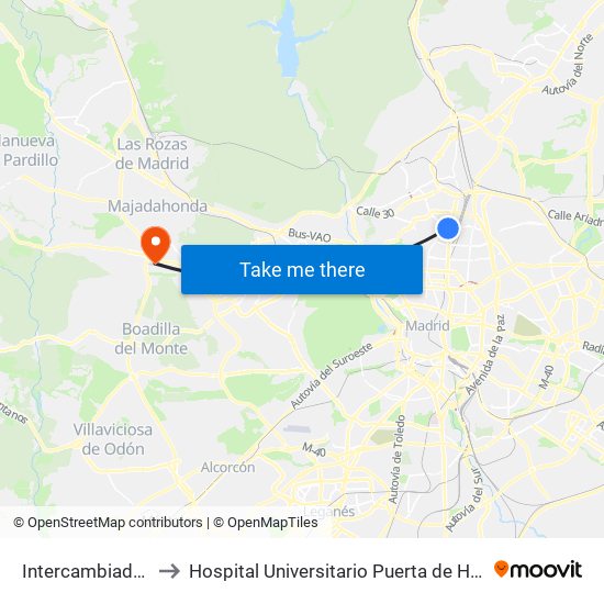 Intercambiador De Plaza De Castilla to Hospital Universitario Puerta de Hierro Majadahonda (Hosp. Unv. Puerta de Hierro) map