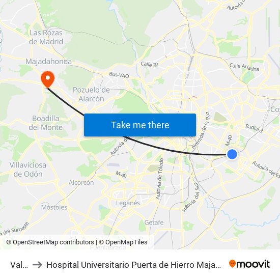 Vallecas to Hospital Universitario Puerta de Hierro Majadahonda (Hosp. Unv. Puerta de Hierro) map