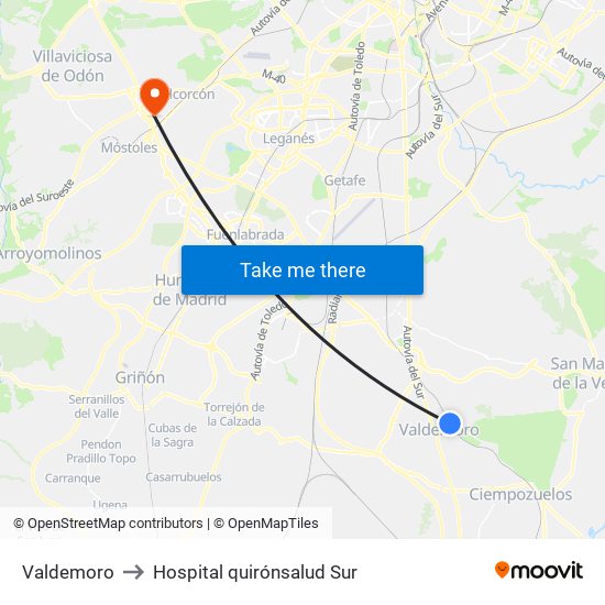 Valdemoro to Hospital quirónsalud Sur map