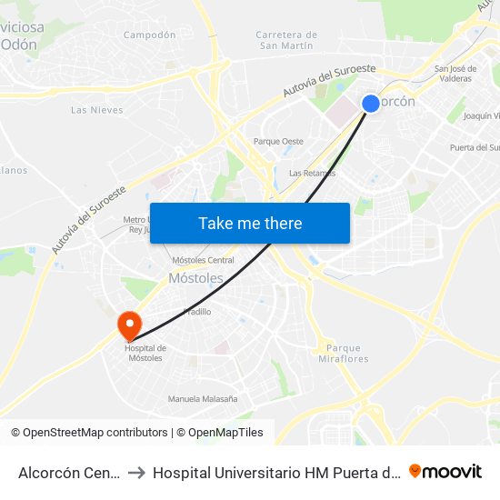 Alcorcón Central to Hospital Universitario HM Puerta del Sur map