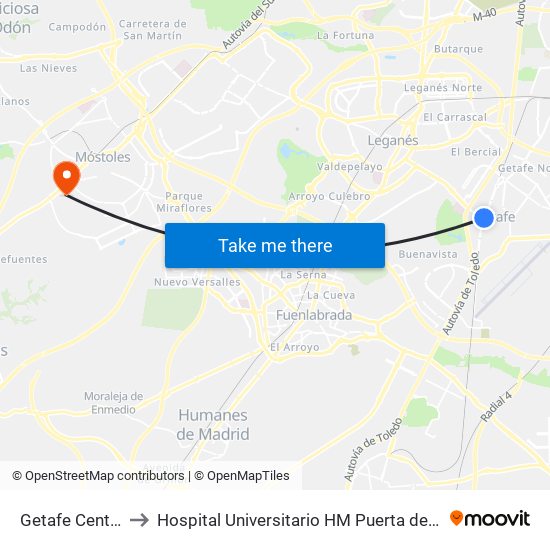 Getafe Central to Hospital Universitario HM Puerta del Sur map