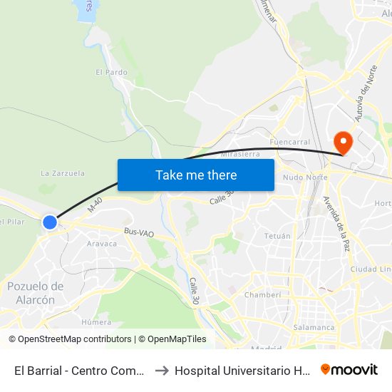 El Barrial - Centro Comercial Pozuelo to Hospital Universitario HM Sanchinarro map