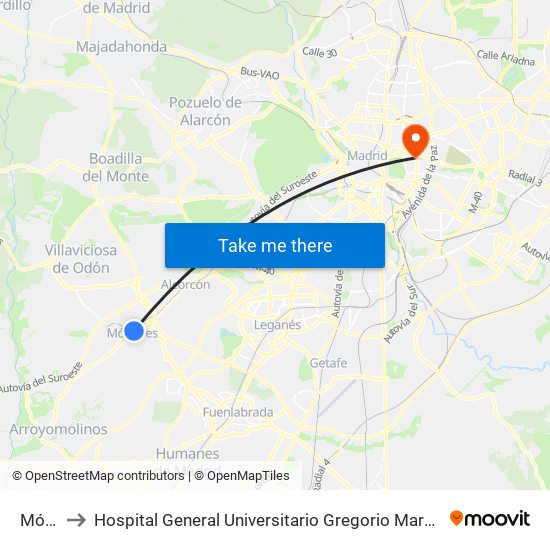 Móstoles to Hospital General Universitario Gregorio Marañón (Hosp. Gen. Uni. Gregorio Marañón) map