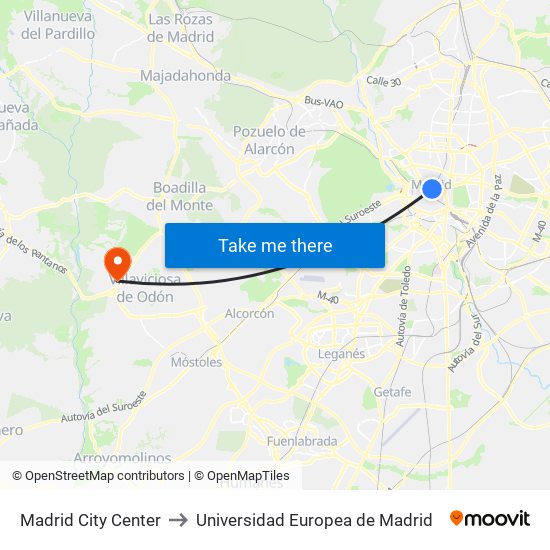 Madrid City Center to Universidad Europea de Madrid map