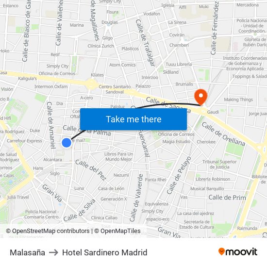 Malasaña to Hotel Sardinero Madrid map