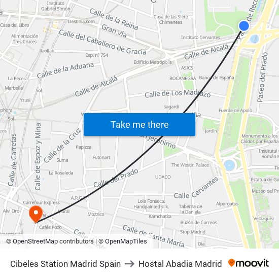 Cibeles Station Madrid Spain to Hostal Abadia Madrid map