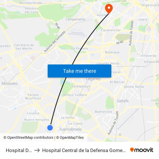 Hospital De Fuenlabrada to Hospital Central de la Defensa Gomez Ulla (Hosp. Ctl. de la Defensa Gómez Ulla) map