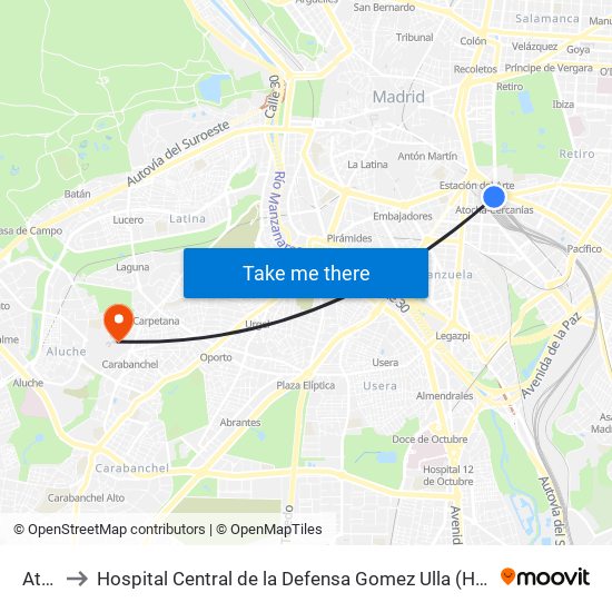 Atocha to Hospital Central de la Defensa Gomez Ulla (Hosp. Ctl. de la Defensa Gómez Ulla) map