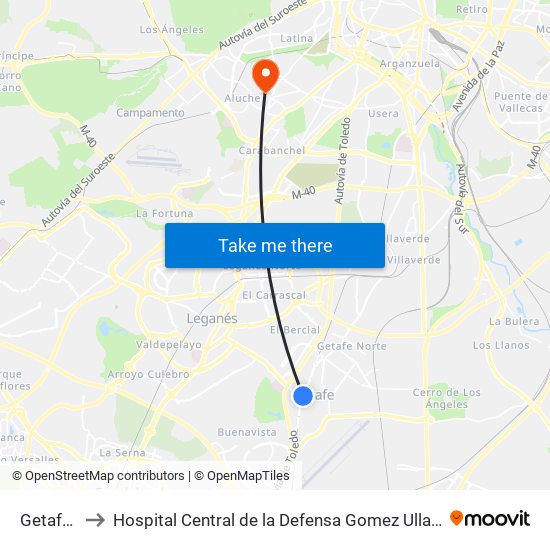 Getafe Centro to Hospital Central de la Defensa Gomez Ulla (Hosp. Ctl. de la Defensa Gómez Ulla) map