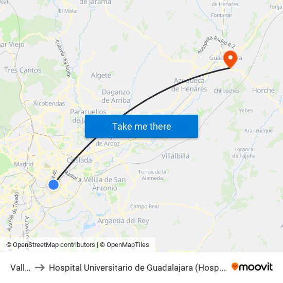 Vallecas to Hospital Universitario de Guadalajara (Hosp. Universitario de Guadalajara) map