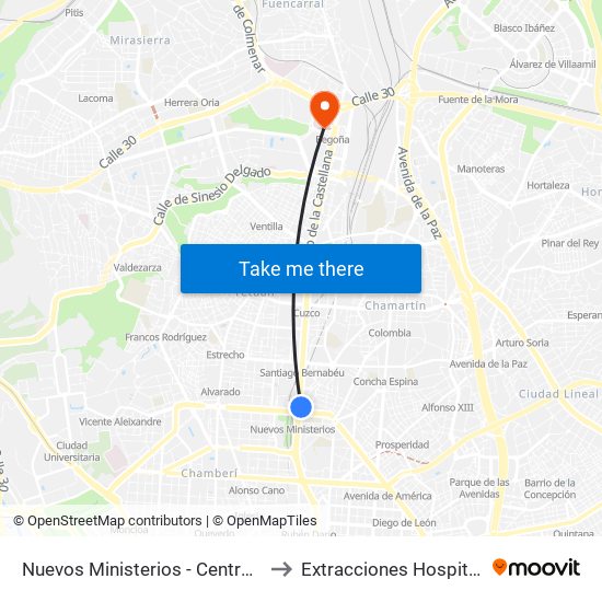 Nuevos Ministerios - Centro Comercial to Extracciones Hospital La Paz map