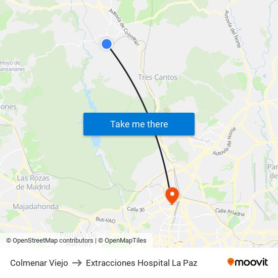 Colmenar Viejo to Extracciones Hospital La Paz map