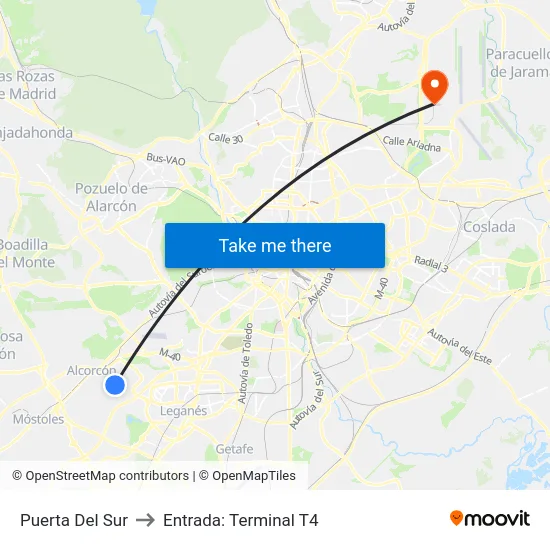 Puerta Del Sur to Entrada: Terminal T4 map