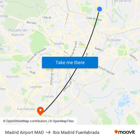Madrid Airport MAD to Ibis Madrid Fuenlabrada map
