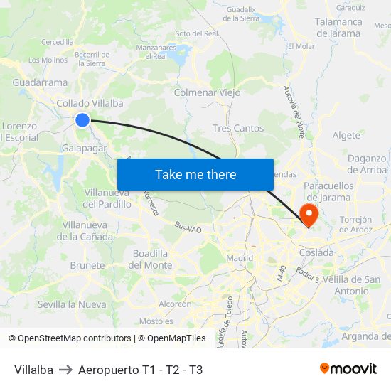 Villalba to Aeropuerto T1 - T2 - T3 map