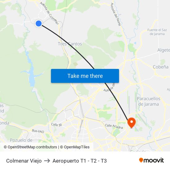 Colmenar Viejo to Aeropuerto T1 - T2 - T3 map