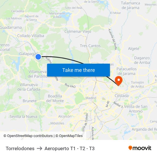 Torrelodones to Aeropuerto T1 - T2 - T3 map