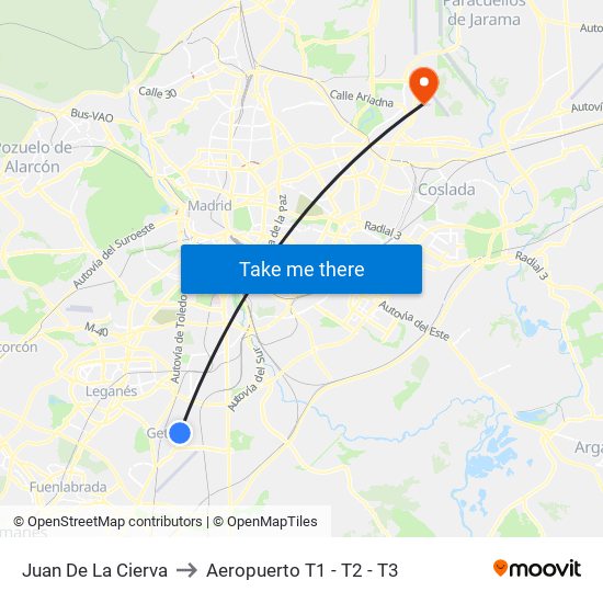 Juan De La Cierva to Aeropuerto T1 - T2 - T3 map