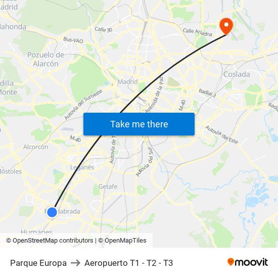 Parque Europa to Aeropuerto T1 - T2 - T3 map