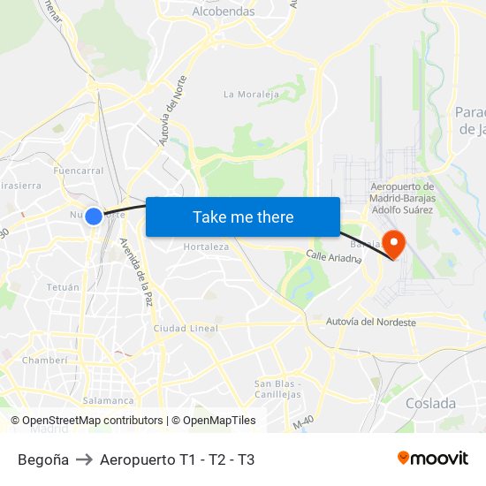 Begoña to Aeropuerto T1 - T2 - T3 map