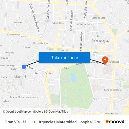 Gran Vía - Montera to Urgencias Maternidad Hospital Gregorio Marañón map