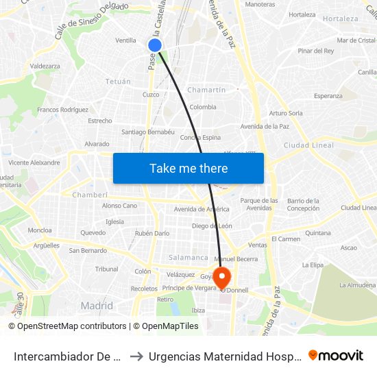 Intercambiador De Plaza De Castilla to Urgencias Maternidad Hospital Gregorio Marañón map