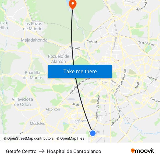 Getafe Centro to Hospital de Cantoblanco map