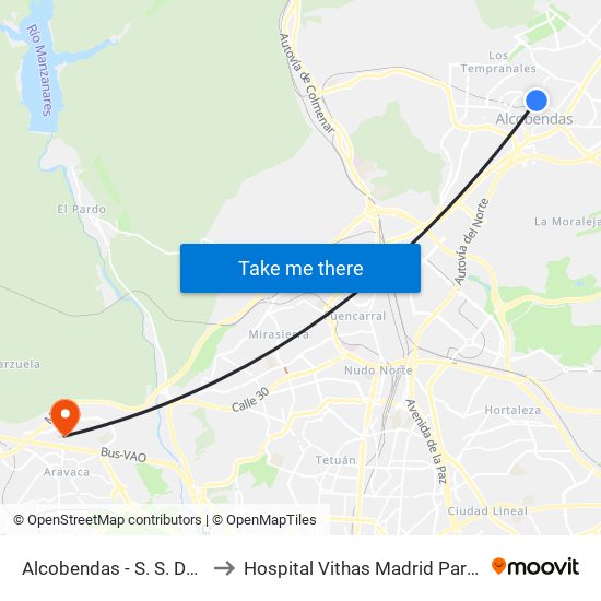 Alcobendas - S. S. De Los Reyes to Hospital Vithas Madrid Pardo de Aravaca map