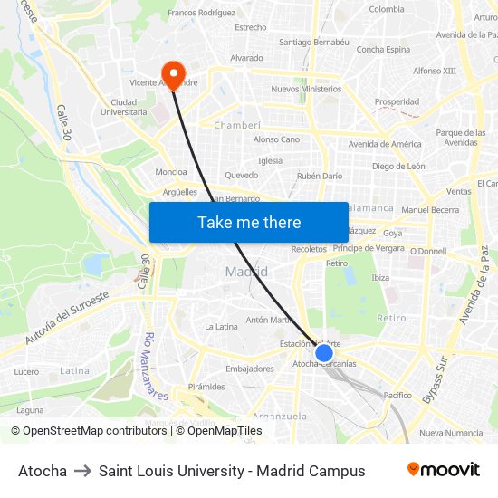 Atocha to Saint Louis University - Madrid Campus map