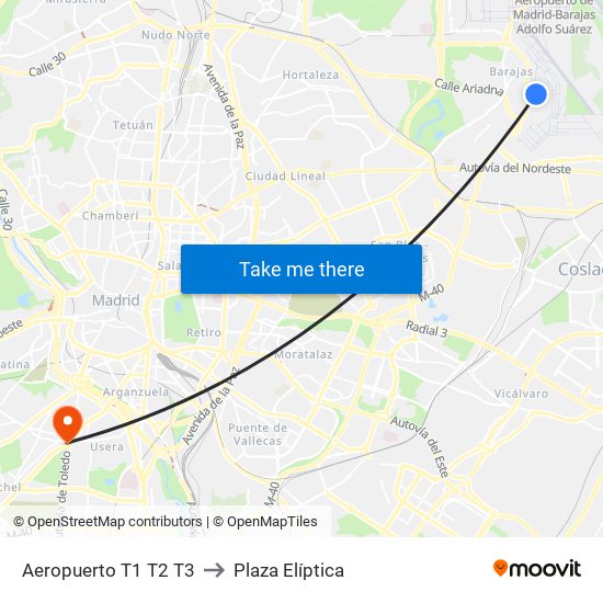 Aeropuerto T1 T2 T3 to Plaza Elíptica map
