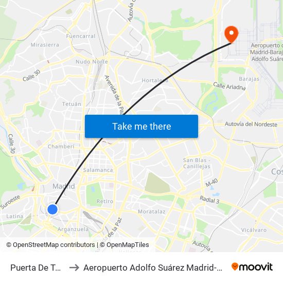 Puerta De Toledo to Aeropuerto Adolfo Suárez Madrid-Barajas T4 map