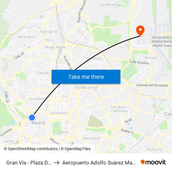 Gran Vía - Plaza De España to Aeropuerto Adolfo Suárez Madrid-Barajas T4 map