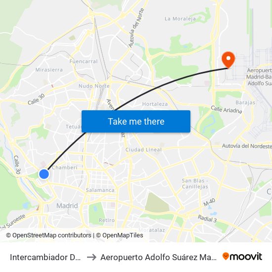 Intercambiador De Moncloa to Aeropuerto Adolfo Suárez Madrid-Barajas T4 map