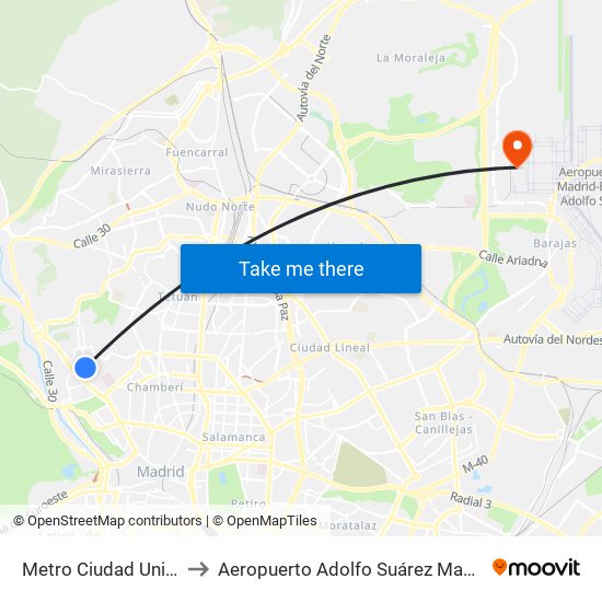 Metro Ciudad Universitaria to Aeropuerto Adolfo Suárez Madrid-Barajas T4 map