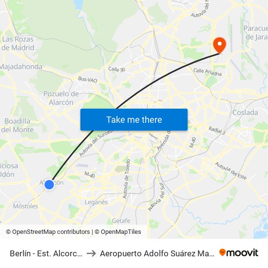 Berlín - Est. Alcorcón Central to Aeropuerto Adolfo Suárez Madrid-Barajas T4 map