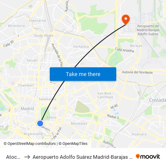 Atocha to Aeropuerto Adolfo Suárez Madrid-Barajas T4 map