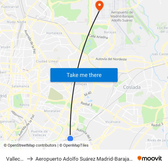 Vallecas to Aeropuerto Adolfo Suárez Madrid-Barajas T4 map