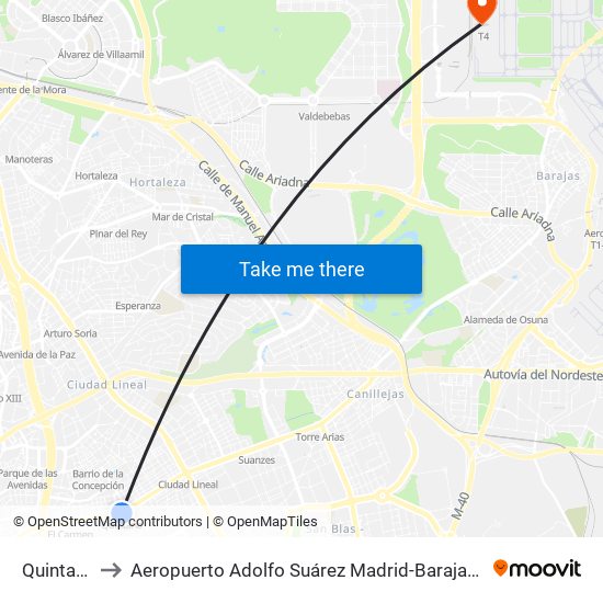 Quintana to Aeropuerto Adolfo Suárez Madrid-Barajas T4 map