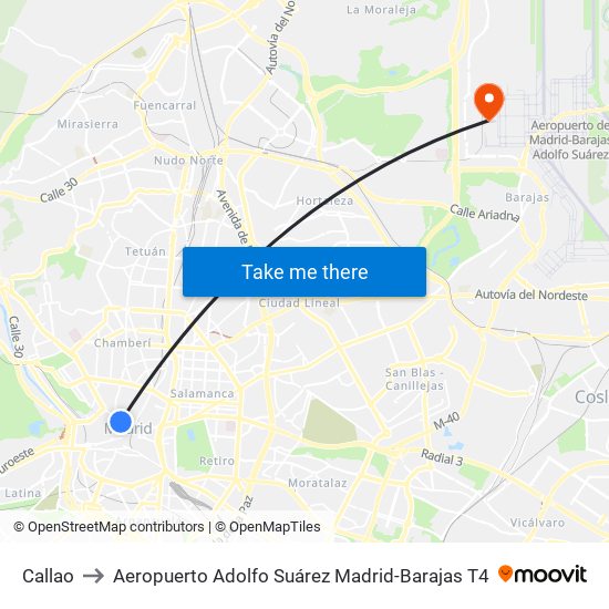 Callao to Aeropuerto Adolfo Suárez Madrid-Barajas T4 map