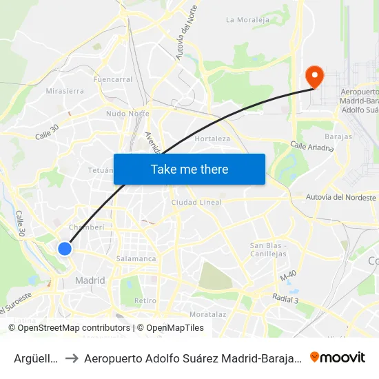 Argüelles to Aeropuerto Adolfo Suárez Madrid-Barajas T4 map