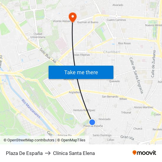 Plaza De España to Clínica Santa Elena map