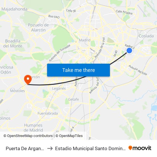 Puerta De Arganda to Estadio Municipal Santo Domingo map