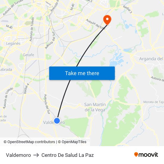 Valdemoro to Centro De Salud La Paz map