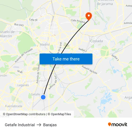 Getafe Industrial to Barajas map