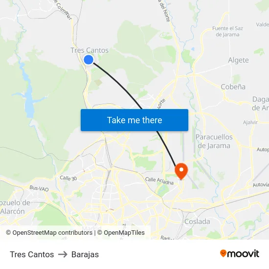 Tres Cantos to Barajas map