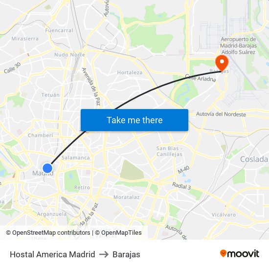 Hostal America Madrid to Barajas map