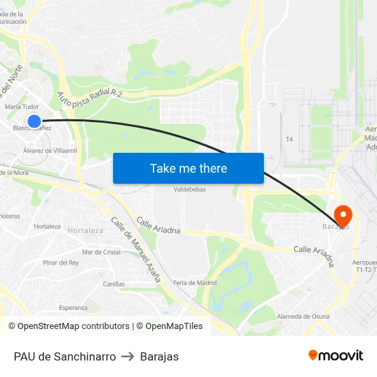 PAU de Sanchinarro to Barajas map