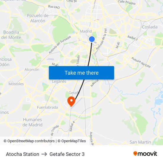 Atocha Station to Getafe Sector 3 map