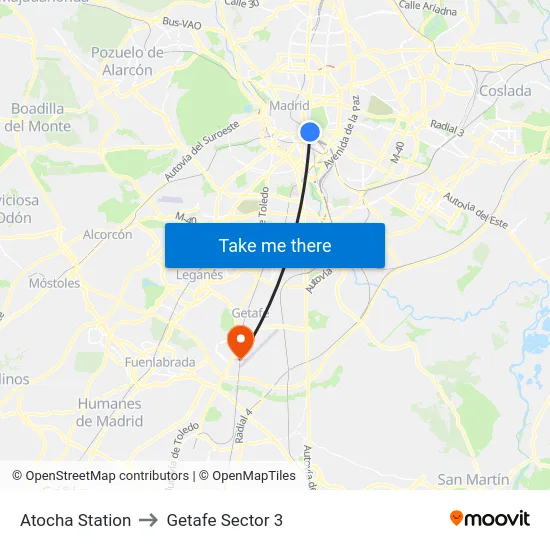 Atocha Station to Getafe Sector 3 map